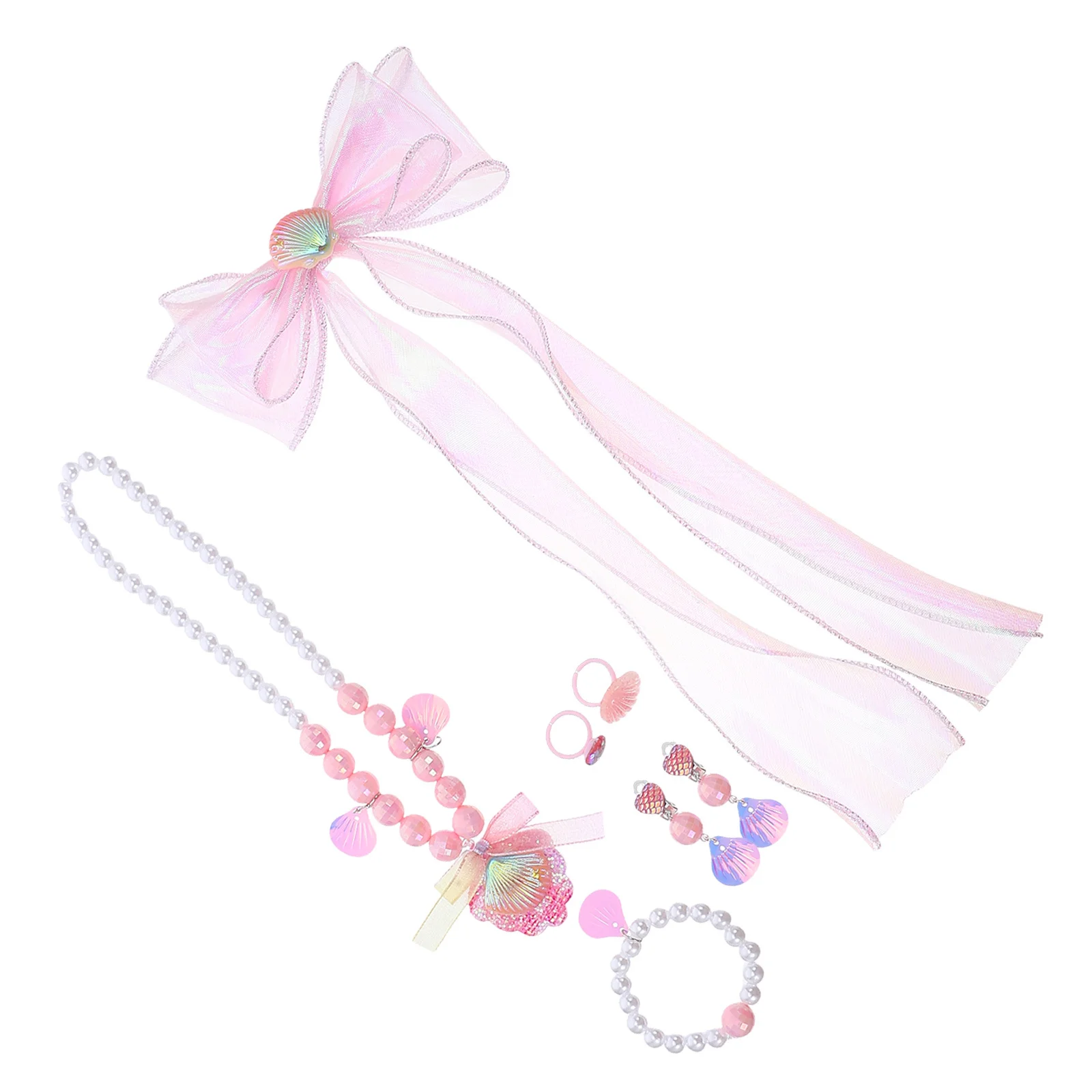 

1Set Kids Jewelry Mermaid Princess Set Shell Necklace Pearl Bracelet Bow Hair Clips Earrings Ring for Parties Dress-Up