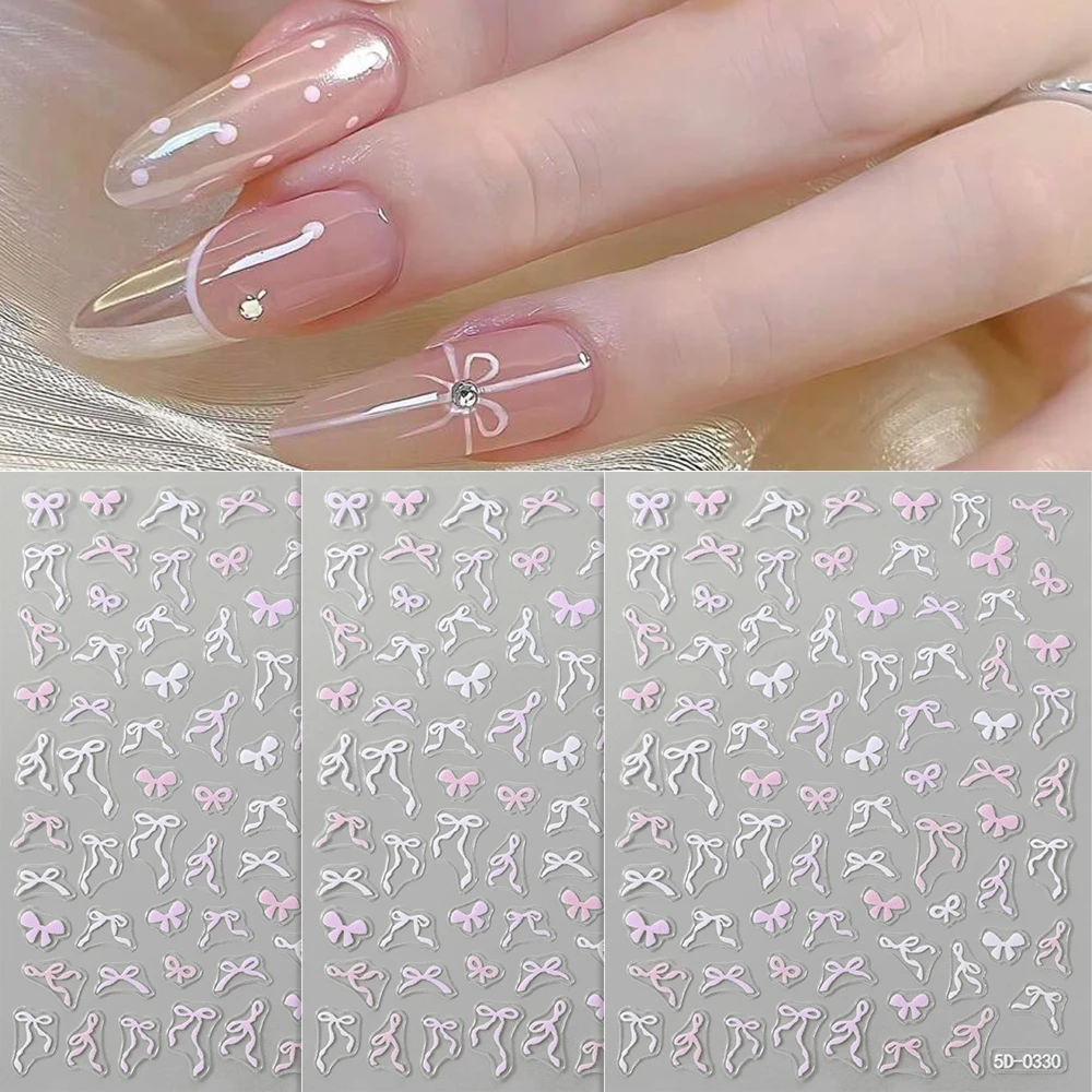 5D White Pink Bow Tie Nail Sticker Mini Bowknot Self Adhesive Nail Art Decoration Sticker Lace Ribbons Manicure Sliders Decals &