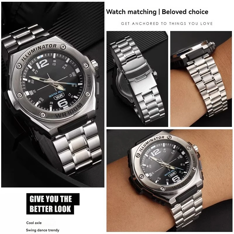 Refined Steel Watch Band for Casio Black Knight MWA-100H MWD-100H Male Modified Stainless Steel Watch Strap Wristband Silver