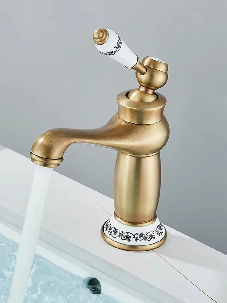 Antiker Bronze-Waschtischmischer mit Einhandgriff, Vintage-Wasserhahn für Warm- und Kaltwasser mit dekorativem Porzellangriff