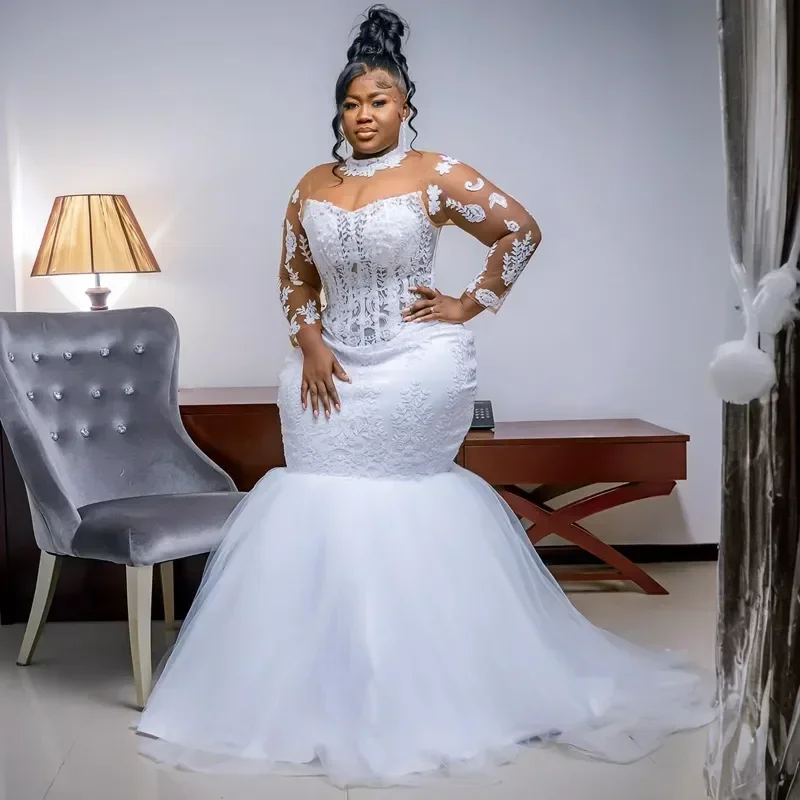 فستان زفاف حورية البحر مخصص مزين بالدانتيل وأكمام طويلة ورقبة عالية مصنوع حسب الطلب من فيستدوس دي نوفيا طول الأرض حديقة الشاطئ بالإضافة إلى