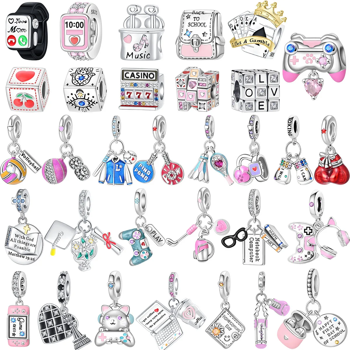 Original 925 Sterling Silver Charms Bag Earphone Magic Cube Watch Games Console Bead Pendant Fit Bracelet Necklace Jewelry