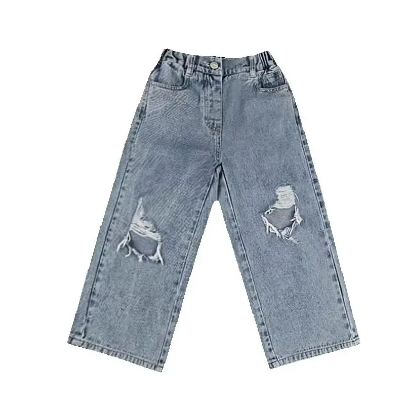 Fashion Forward Children Cotton Ripped Wide Leg Jeans Stylish and Comfortable Denim Pants for 3-8Y Kids Girl Cool Denim Trousers