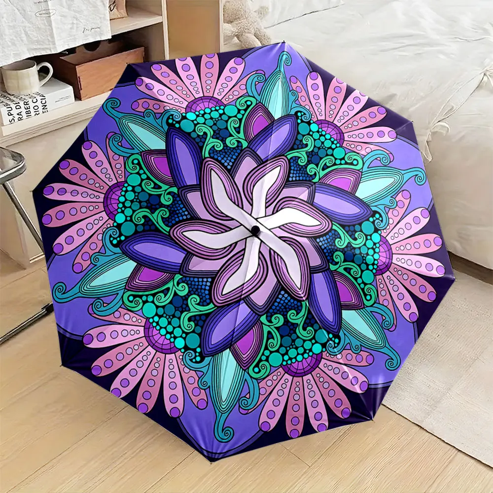 1PC Colorful Mandala Pattern Umbrella for Stylish Rainy Days Print 8 Iron Ribs Folding Umbrella Auto-Open Fashion Sunshade