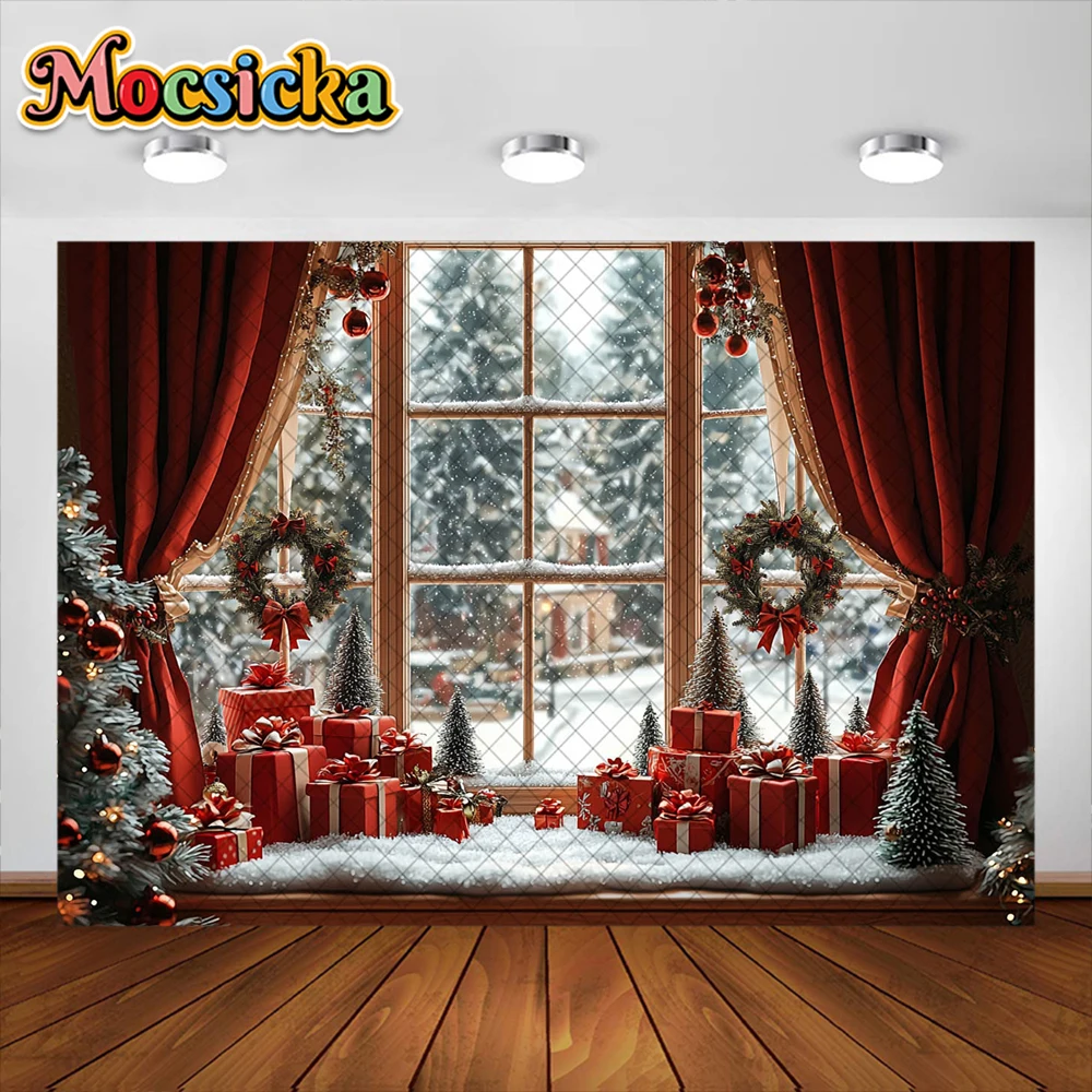ฤดูหนาวคริสต์มาสห้องการถ่ายภาพพื้นหลังสีแดง Xams ต้นไม้ตกแต่งหน้าต่างเด็กวันหยุดภาพพื้นหลังสตูดิโอ Props แบนเนอร์