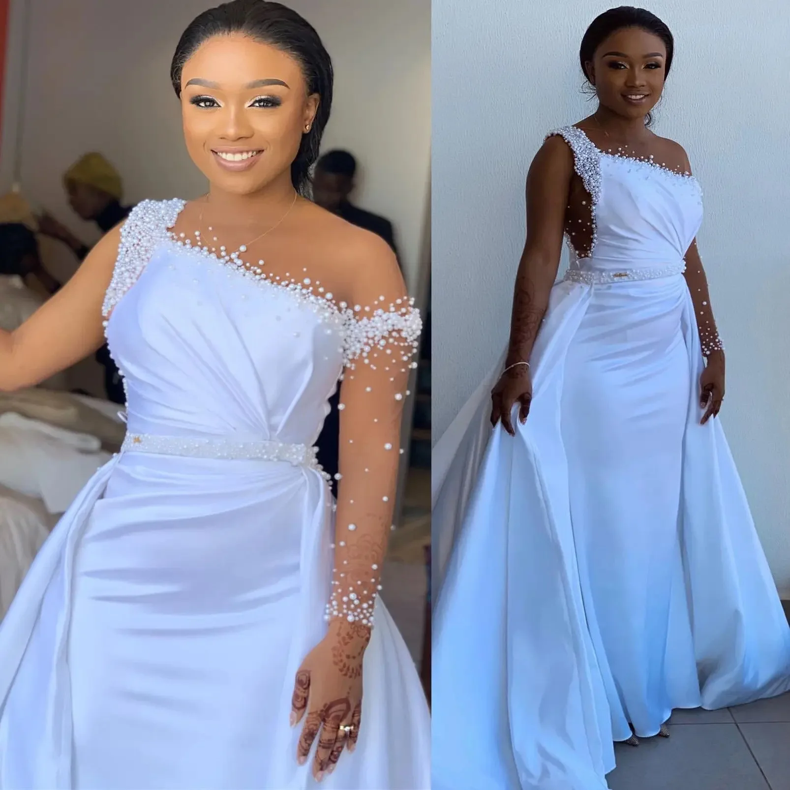 

African Mermaid Wedding Dresses 2027 Sheer O-neck Illusion One Sleeves Pearls Satin Birde Bridal Gowns Vestido De Novia