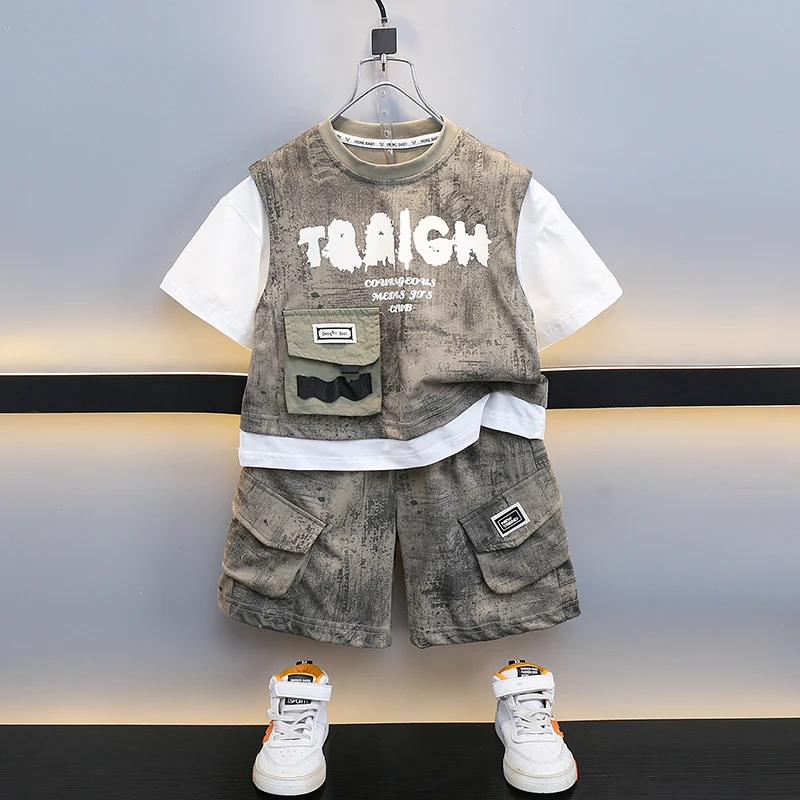 

Boys Summer Outfit Set 2025 New Korean Sle Faionable Two-Piece Workwear Baby Boy Casual Sportswear Cotton ortsve T-s...