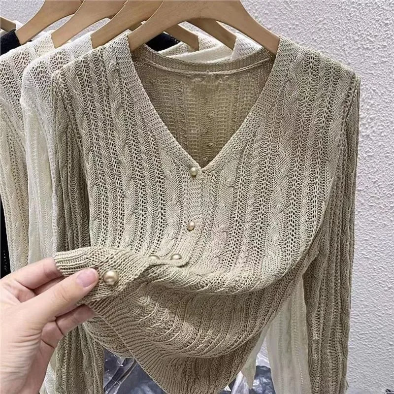 ربيع جديد محبوك ort Svel V-Ne المرأة سترة رقيقة طويلة Sve حماية الشمس أعلى لون نقي سترة Sle