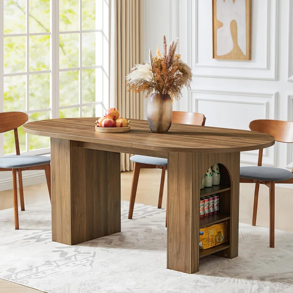 

70.8" Oval Dining Table with Dual Side Storage Shelves, Rustic Farmhouse Table for 4–6 People