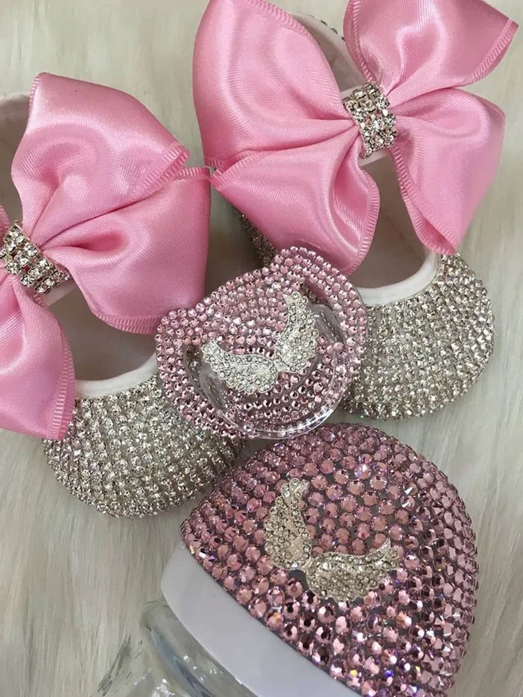 Conjunto de diadema de zapatos de diamantes de imitación rosa para recién nacido, fotografía de muñecas, corona real, regalo personalizado,