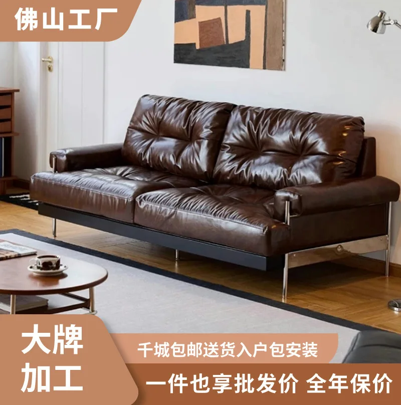 Italian Retro Oil Wax Leather Sofa First Layer Cowhide Household Living Room Small Apartment Straight Row Medieval Leather Art S