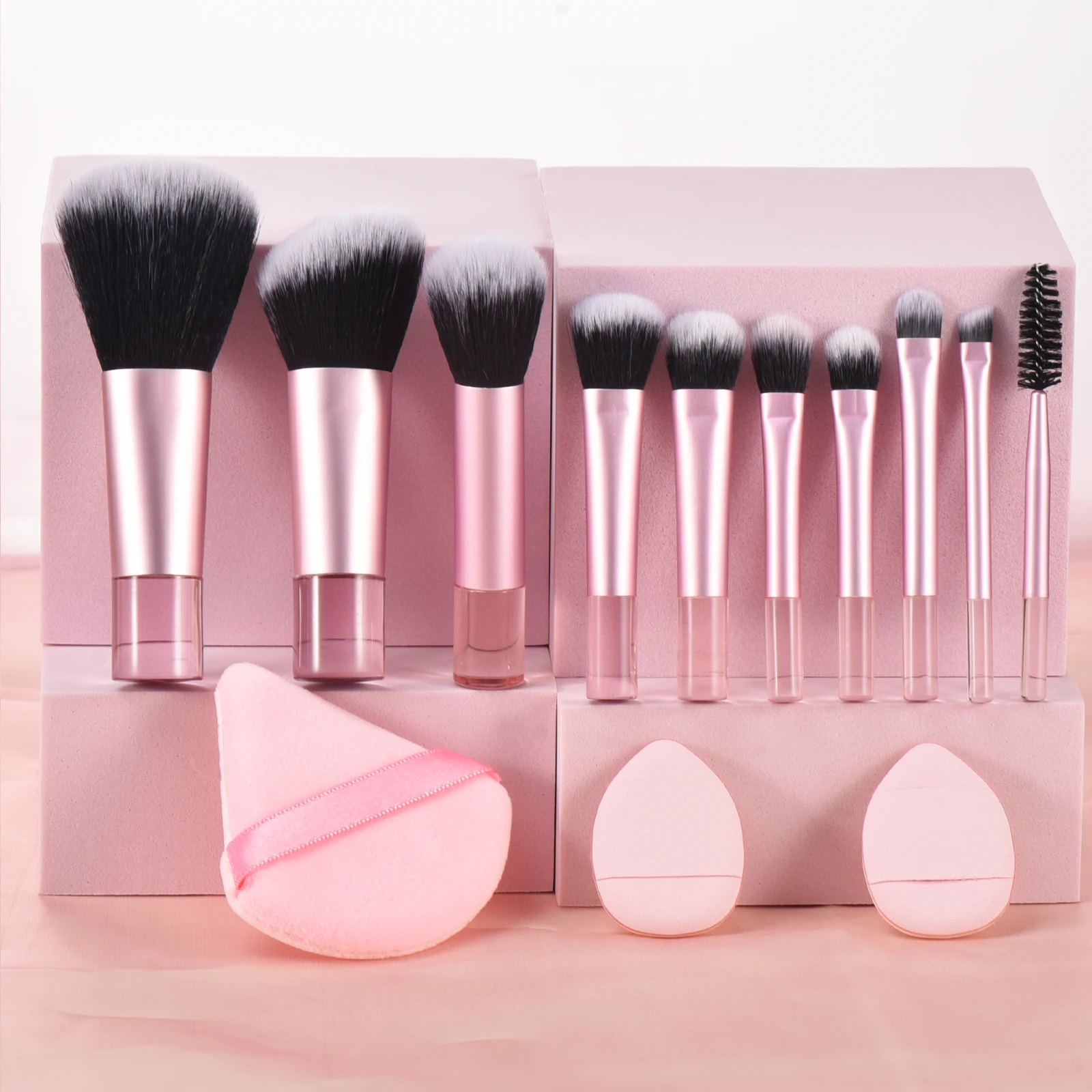 10 pink mini makeup brushes +1 velvet puff +2 fingertip mini powder puff - Travel portable Makeup Kit