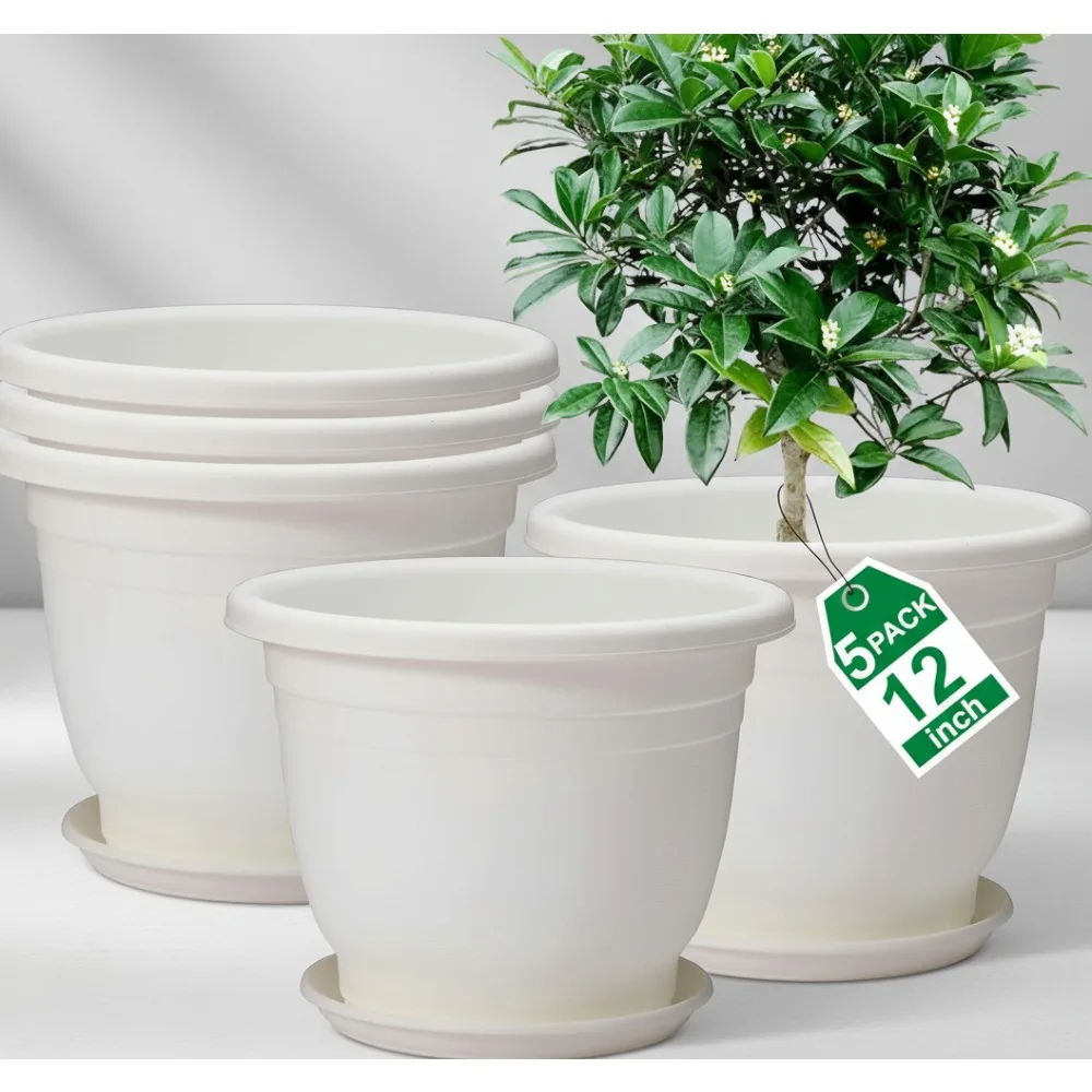 

5 упаковок 12-дюймовых пластиковых цветочных горшков с блюдцами, большие горшки для дренажных отверстий для комнатных и наружных растений