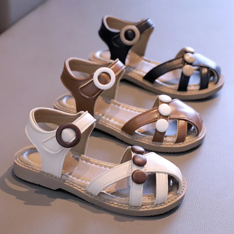 Girl Sandals Summer Kids Causal Toes-covered Flat Sandals Fashion Cut-outs Cross Children Soft Non-slip Beach Sandals Hook Loop