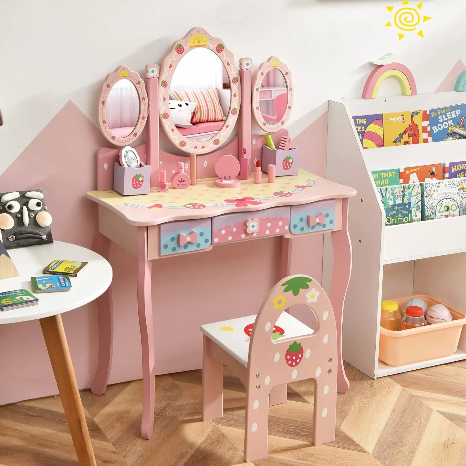 #Kids Vanity Table Chair Set Convertible Dressing Table Detachable Top Tri-fold Mirror Drawers Pink