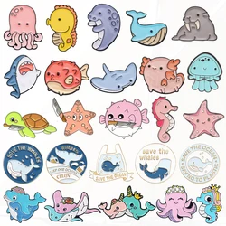 Whale Shark Puffer Fish Jellyfish Turtle Metal Badge Punk Lapel Brooch Jewelry Gift Cute Sea Animal Pin Octopus Seahorse
