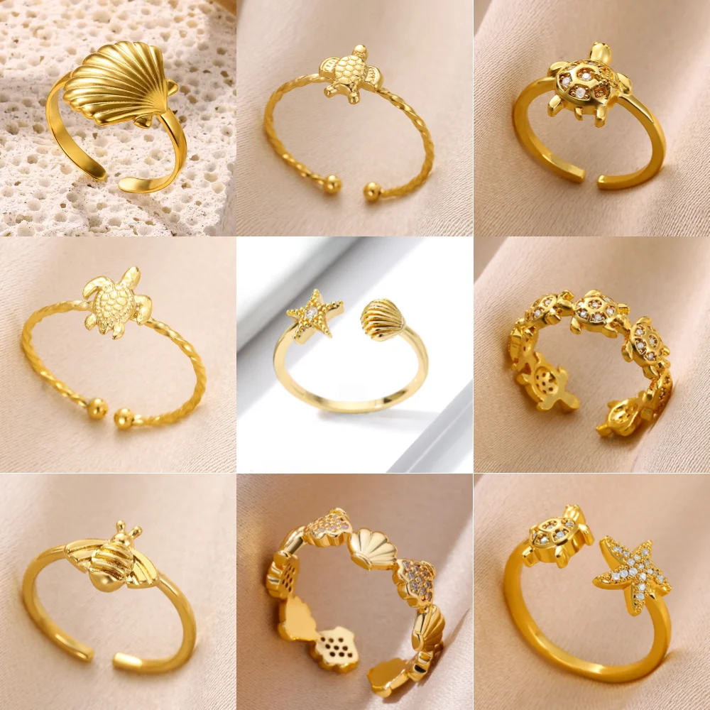 Zirkon Tiny Schildkröte Seestern Offene Ringe Für Frauen Männer Gold Farbe Shell Ring Paar Hochzeit Romantische Schmuck Bijoux Geschenk Anillos