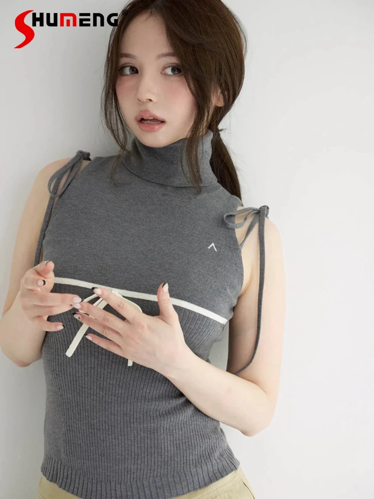 

Летний японский стиль, новая водолазка без рукавов, вязаный жилет, майки, топы, женский облегающий милый повседневный пуловер, свитер 2025