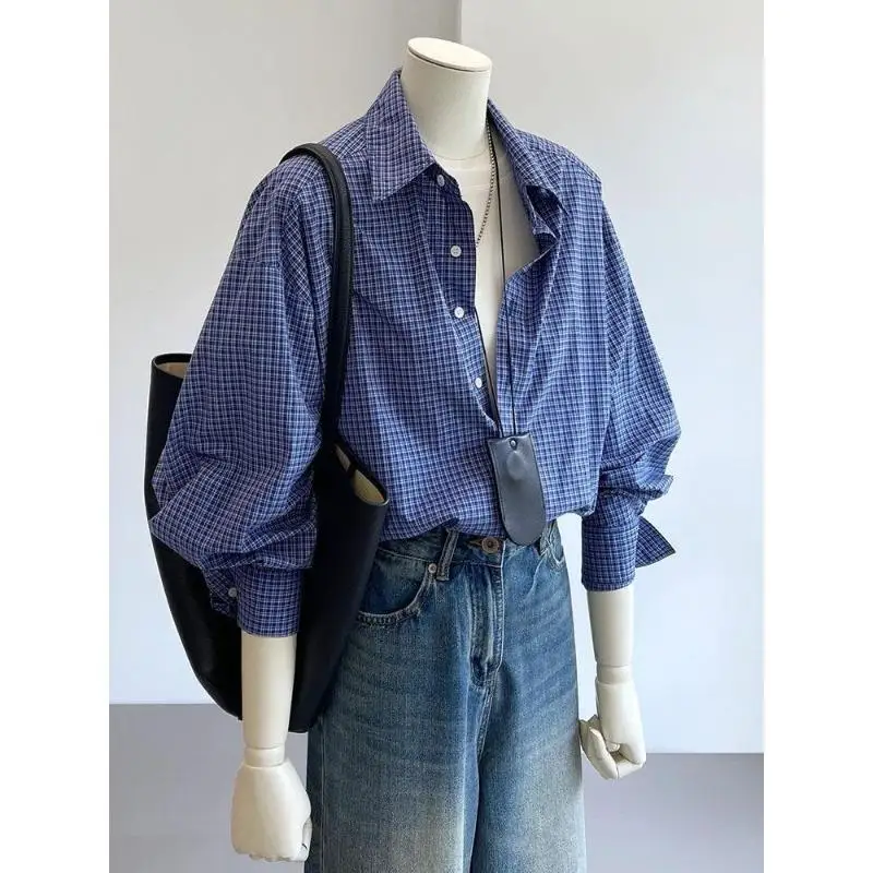

Women's Blue Basic Vintage Plaid Shirts Harajuku Korean Long Sleeve Blouses Loose Casual Commuting Youthful Tops