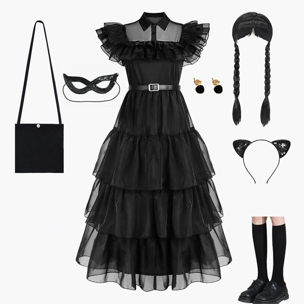 

Adams Wednesday Cosplay Dress Black Lace Baby Girls Clothing Gothic Wind Vestidos Halloween Carnival Party Evening Costume 4-12Y