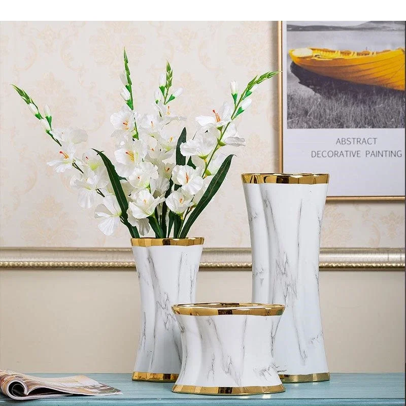 European Marbled Ceramic Vase Gilded Porcelain Handicraft Flower Arrangement Hydroponic Home Living Room Decoration