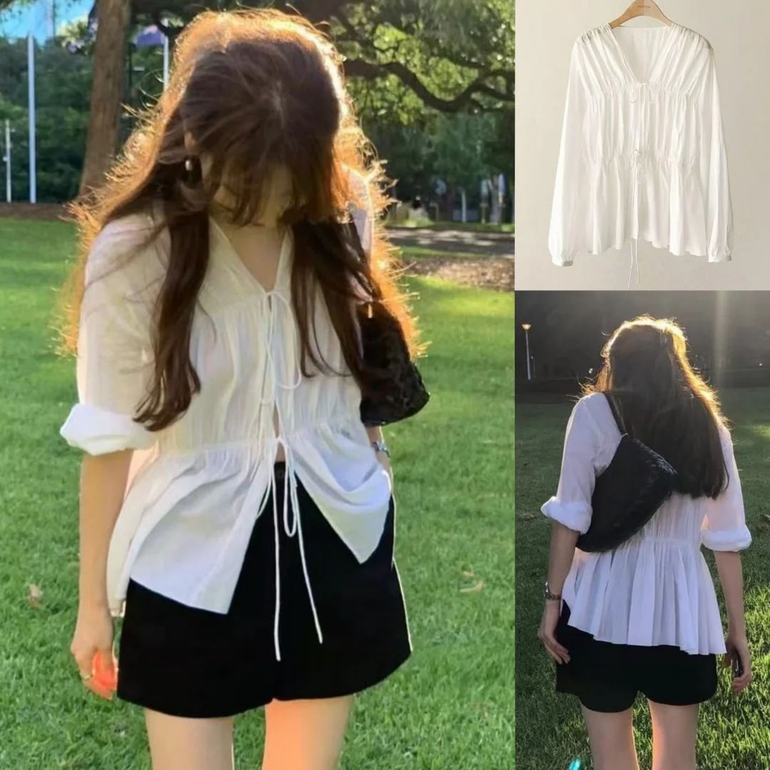 

Loose Long Sve V-Ne irt Korean mat Design Casual Sle Spring 2025 Loose irt Top with Belt Pure Color
