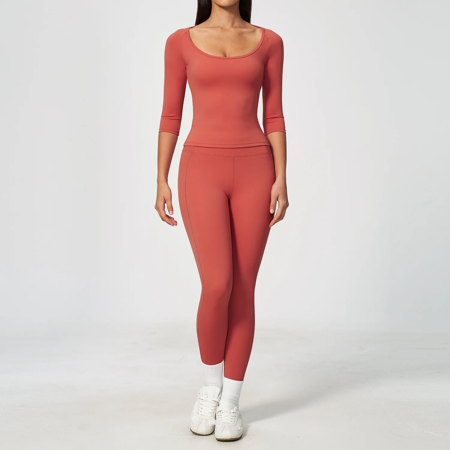 Women 2PCS Yoga Set 3/4 Sleeves Halter Neck Crop Top High Waist Leggings Push Up Gym Clothing Workout Running Fitness Activewear