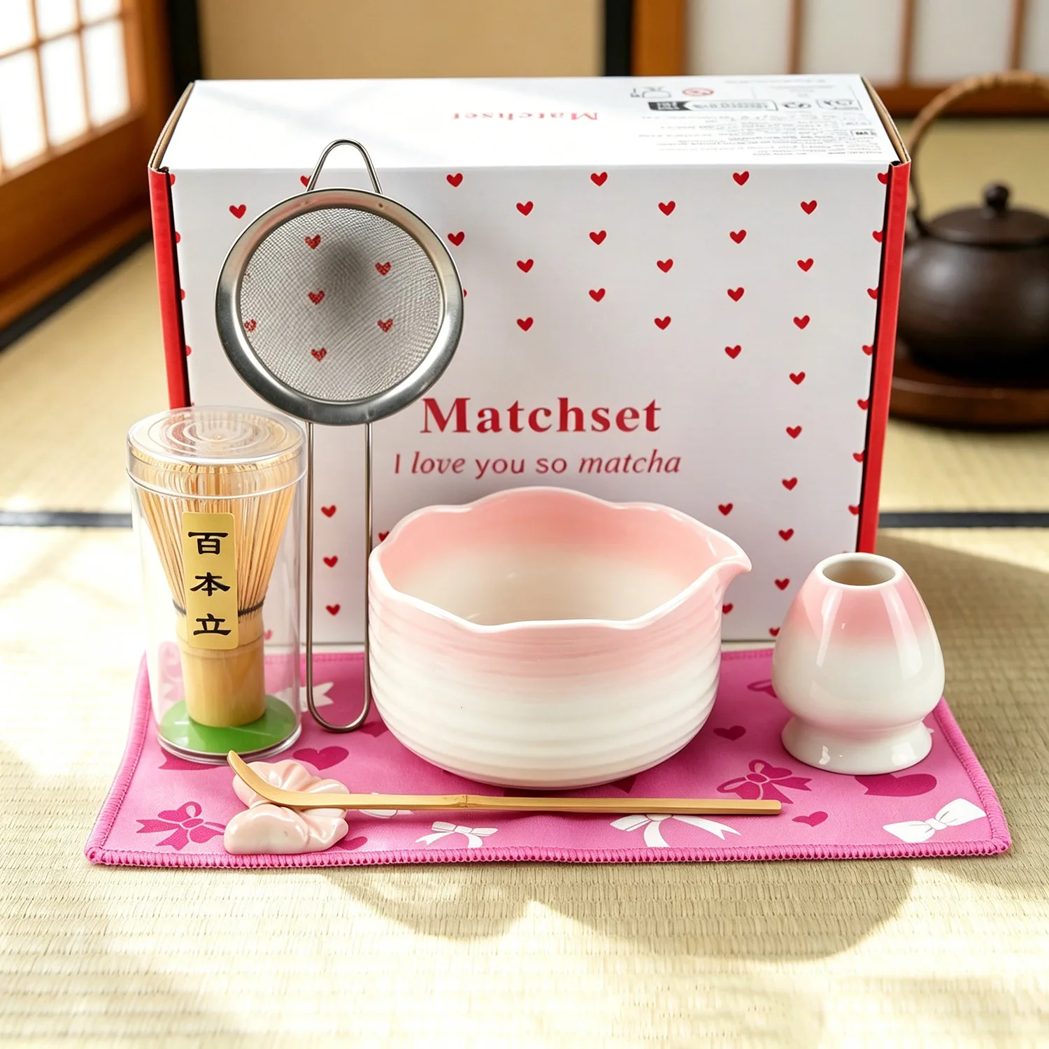 4/5/7PCS Pink Gradient Flower Rim Matcha Tea Set, Japanese Matcha Kit with Spouted Chawan, Bamboo Whisk, Sifter, Scoop & Tea Mat