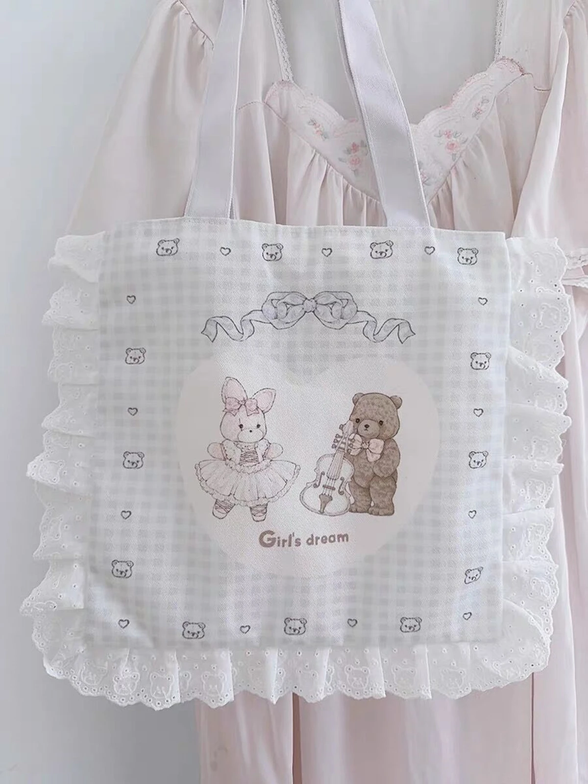 Japanese Cute Bow Lace Bag, Ruffle Canvas Bag, Lolita Shoulder Bag, Love Lace Bag, Cute Student Girl Handbag