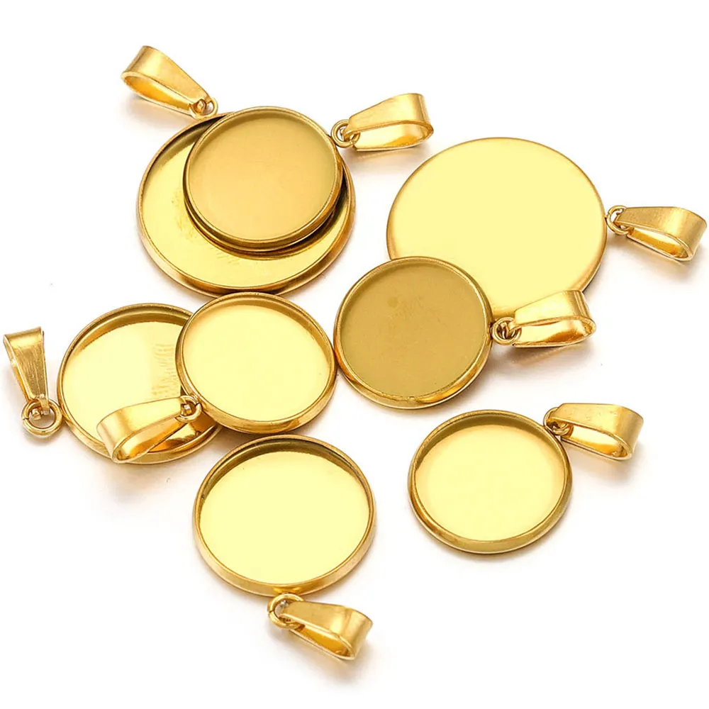 10pcs 6-30mm Stainless Steel Gold Plated Cabochon Tray Base Pendants for DIY Necklaces Jewelry Making Supplies Wholesale Crafts