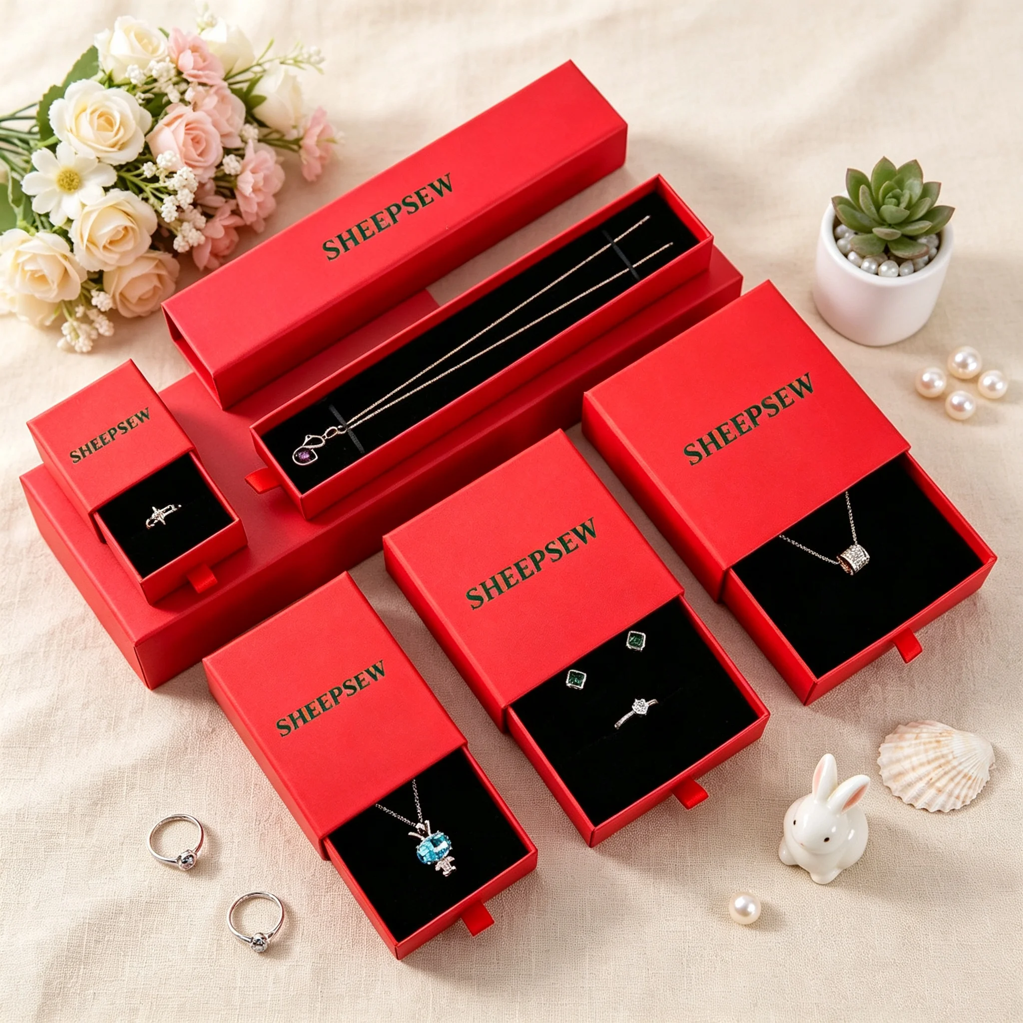 50pcs Sheepsew Custom Logo Red Cardboard Jewelry Drawer Paper Box Birthday Wedding Gift Packaging Case For Earrings Ring Bracele