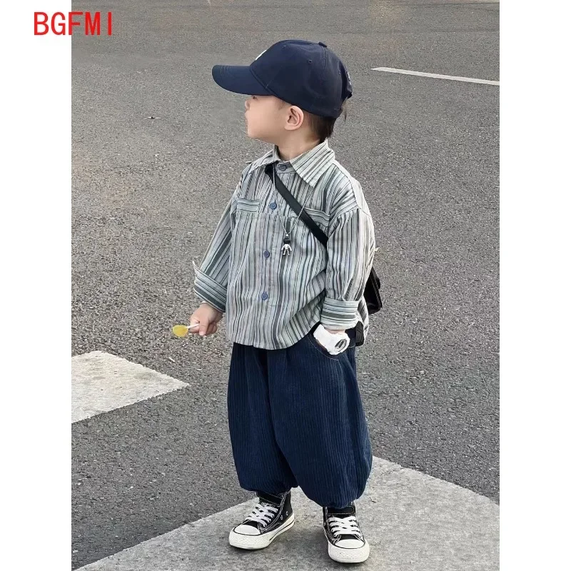 

Kid Boy Spring Autumn Suit 2024 New Korean Handsome Baby Fashion Corduroy Striped Shirt and Pants Clothes Two Piece Set Outfits