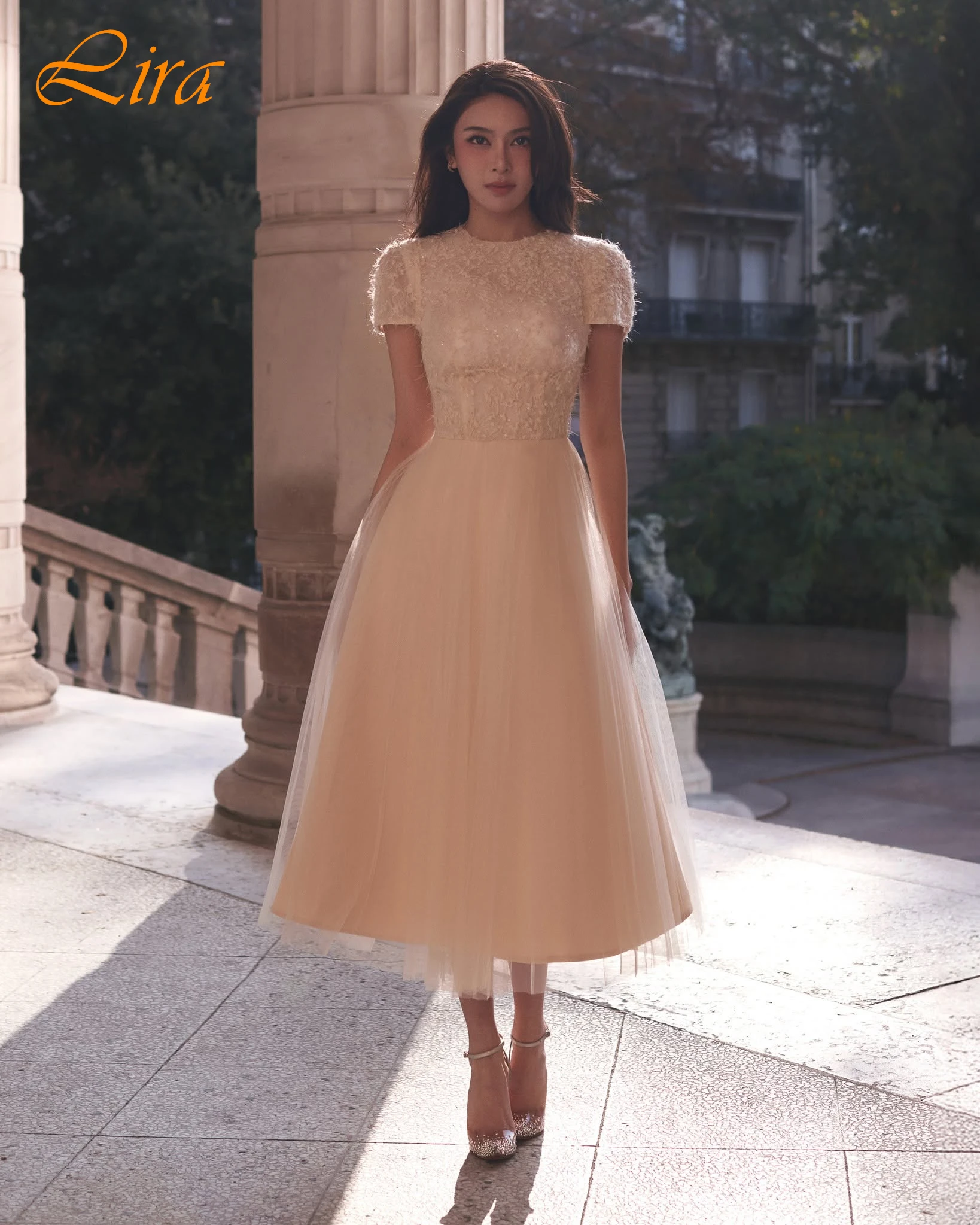 

Customized A-Line Crew Neck Short Sleeves Elegant Evening Dress Delicate Fashion Party Dress Modern High Quality Prom Dress