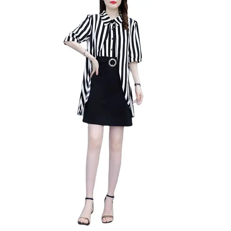 2025 Summer New Fake Two Piece Set Female Short Sleeve Dress Chiffon Stripe Splicing Loose Fashion Elegant Ladies Midi Skirt 5XL