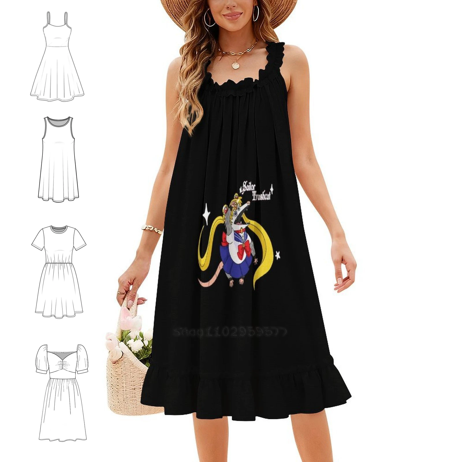 Sailor Trashcat Women's Streetwear Party Dress Trendy Print Club Clothing For Female Opossum Anime Cartoon Chibi Critters Dress