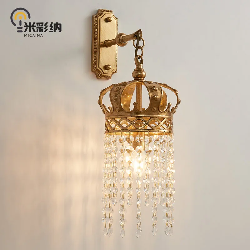 

French all-copper crown crystal wall lamp European retro villa living room bedroom bedside study lamp dewaxed copper lamp