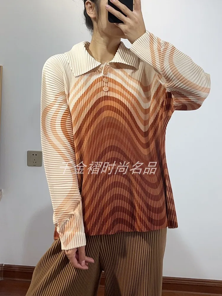 Women Thick Polo Shirt 2025 Autumn New Fashionable Printed Large Size Loose Slim Long Sleeve Folded Top Female Clothing