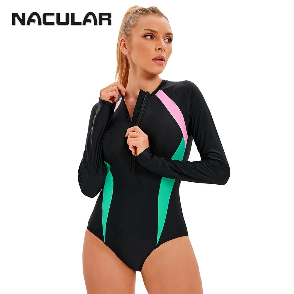 NACULAR-traje de baño de manga larga para mujer, bañador deportivo de retazos, talla grande, surf, traje de baño de una pieza con cremallera para playa