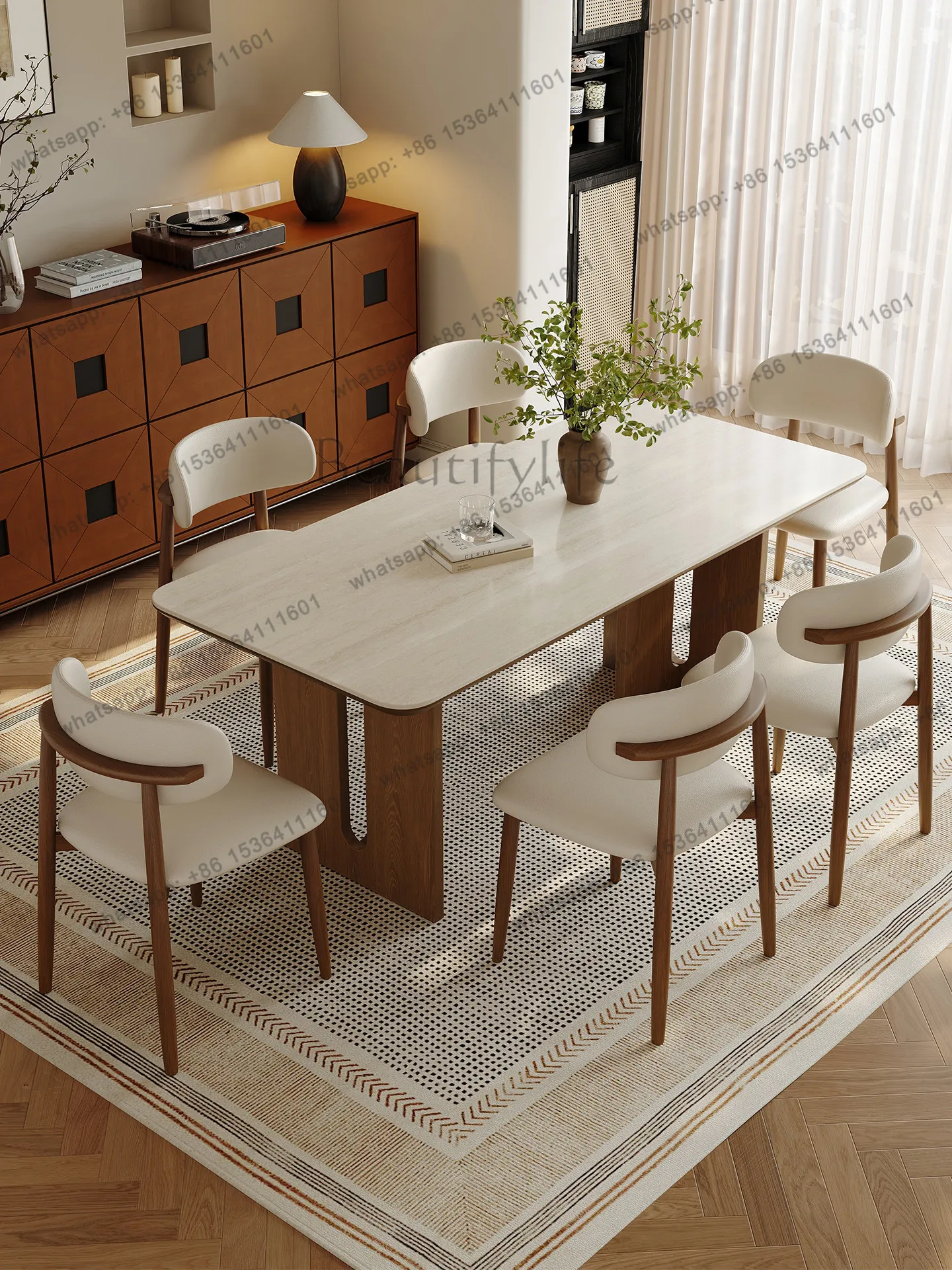 Solid wood travertine rock slab dining table household small rectangular table medieval cream style