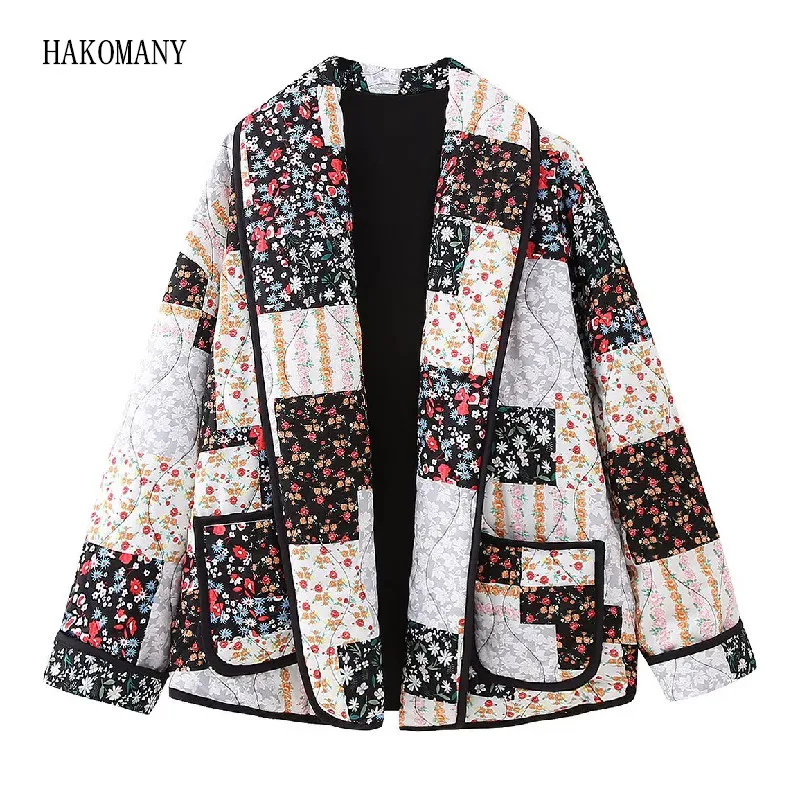 

2023 Autumn Winter Contrast Color Flower Print Lapel Oversize Quilted Coat Ethnic Women Full Sleeve Quilting Warm Jacket