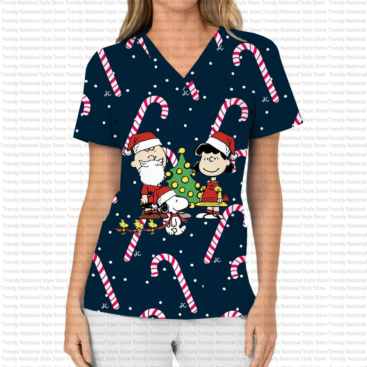 Surgical Gown Uniforms for Nurse Beauty Salon Medical Care Surgical Gowns New Christmas Snoopy Print Dental Women's T-shirt