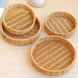 Round Rattan Baskets Display Wicker Basket Serving Tray For Breakfast Tea Fruit Coffee Table Decorative Tray Storage Basket