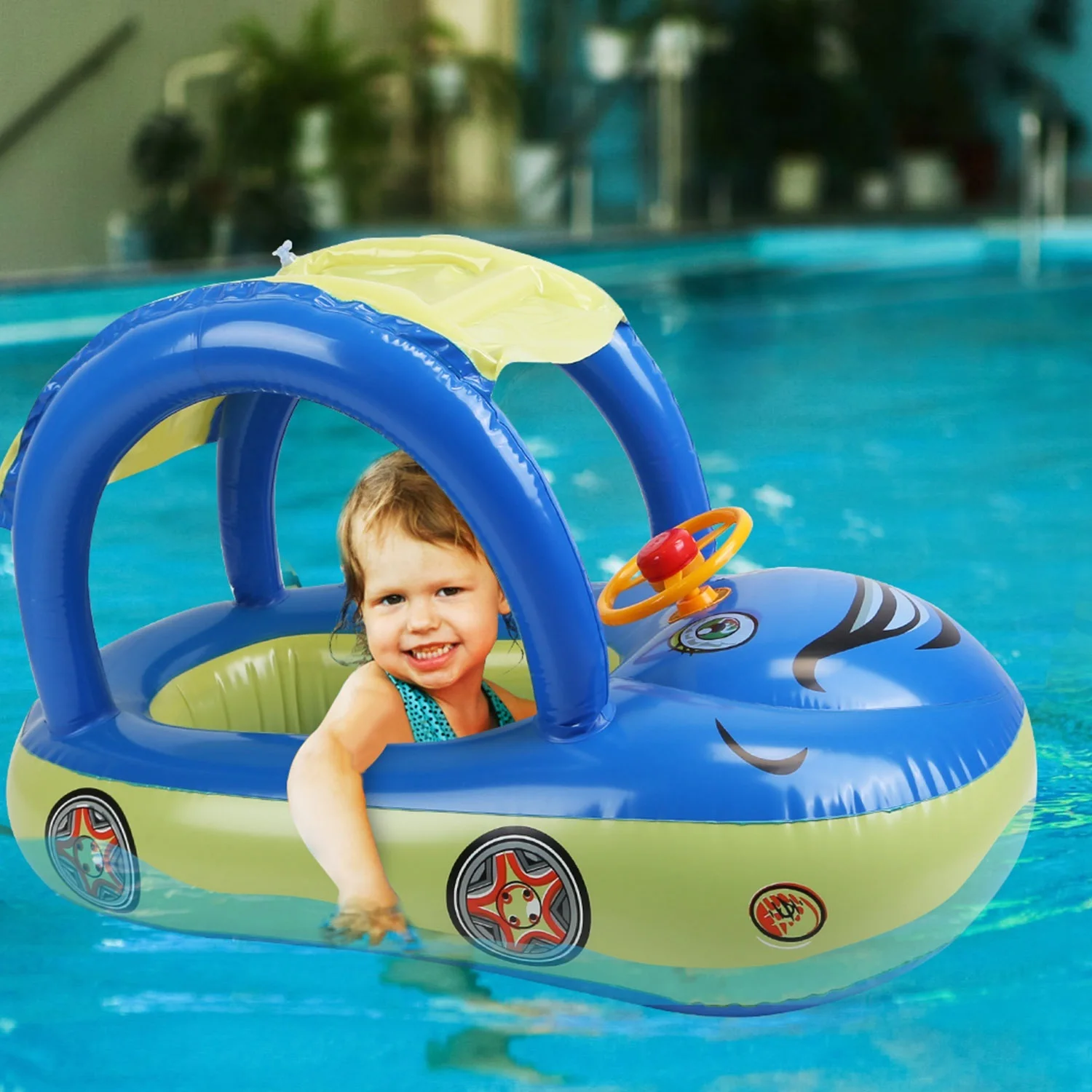 Baby Inflatable Pool Float Car Shaped Toddler Swimming Float Boat Pool Toy Infant Swim Ring Pool with Sun Protection Canopy