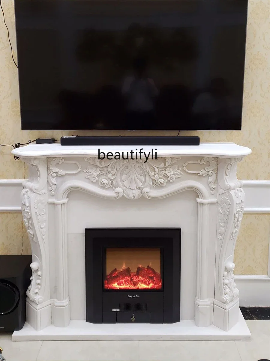 Marble Fireplace European Style White Marble Material Carved American Embossed Flower Simple Living Room Background Wall