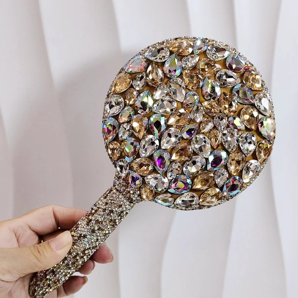 Crystal Diamonds HD Makeup Mirror Handle Single-sided Rhinestones Beauty Salon Powder Room Cosmetic Tools for Women Wholesale