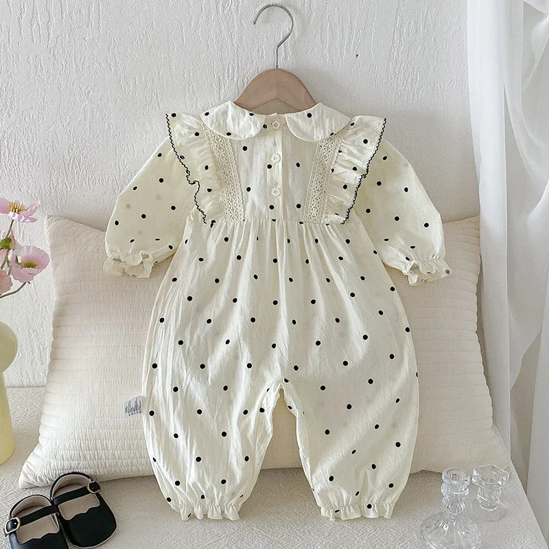 2025 New Autumn Toddler Baby Girls Romper Long Sleeved Cotton Dot Print Infant Baby Girls Jumpsuit 0-24M Children Clothes