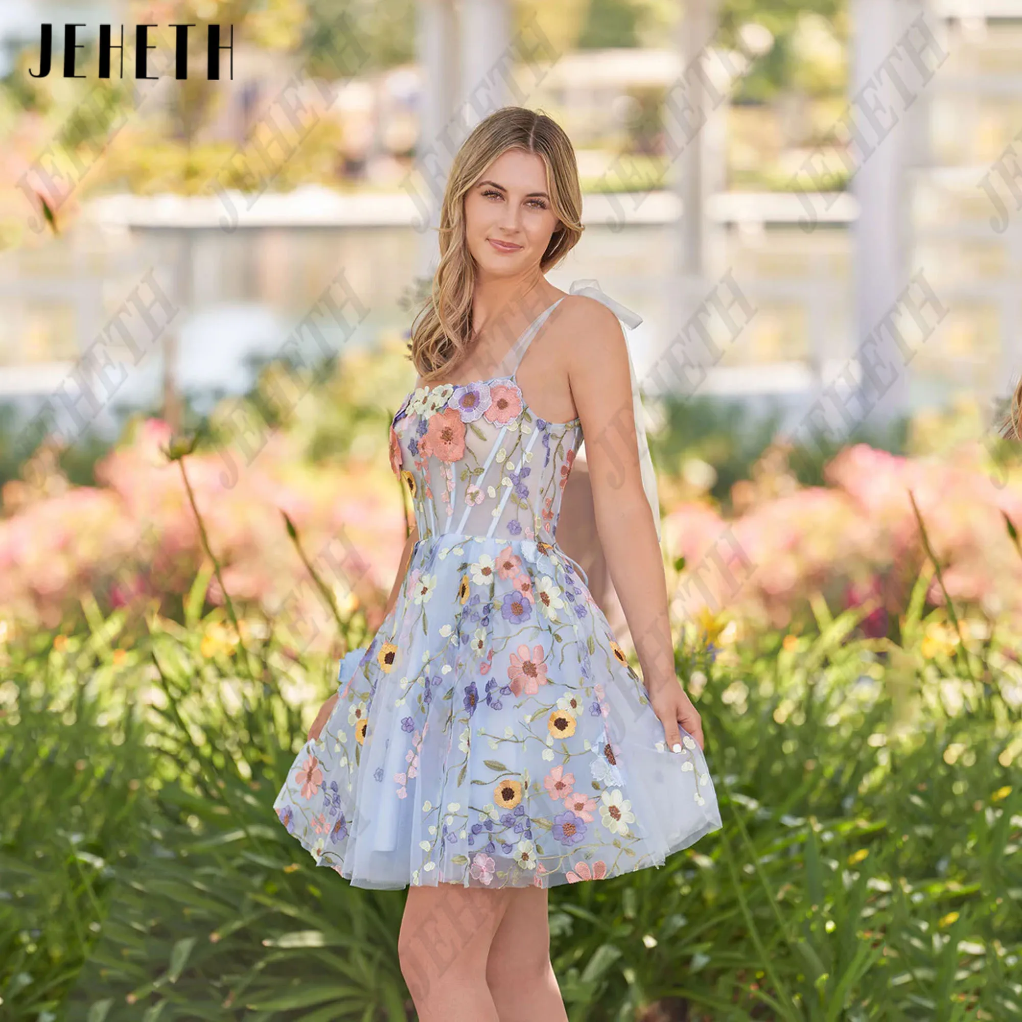 JEHETH vestidos de fiesta Midi de encaje para mujer, vestidos de noche con flores 3D, bordados, tirantes finos, vestidos de graduación de línea aJeheth Fairy Lace Midi Dream 3D Flower Evening Dream mujeres bordadas tir