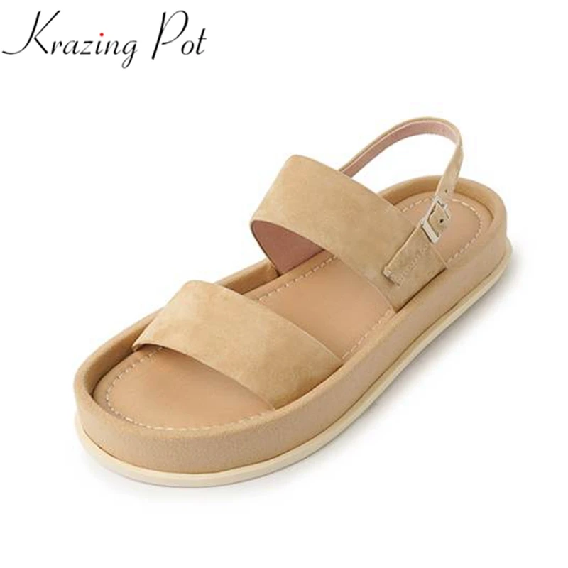 Krazing Pot Sheep Suede Peep Toe Buckle Straps Punk Style Summer Non-slip Platform Thick Low Heels British School Sandals Women