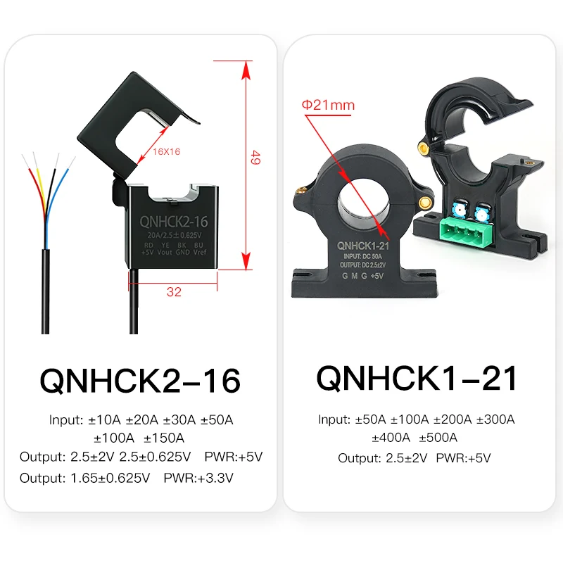 Przetwornik prądu Halla z dzielonym rdzeniem QNHCK1-21 30A 50A 100A 200A 2.5V2V Czujnik prądu Transformator prądu stałego z efektem Halla Typ zaciskowy CT — zdjęcie produktu 3