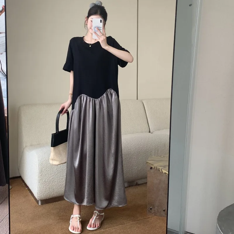 カジュアルルーズOネック半袖パッチワークマキシワンピース 夏 レディースワンピース 新作 スキニー ハイウエスト Aライン マキシTシャツワンピース